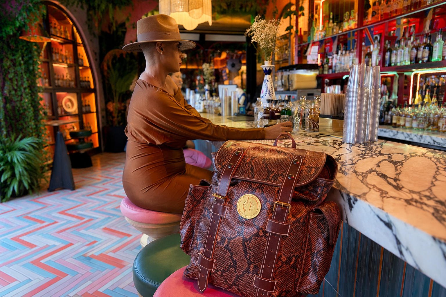 A brown snakeskin-patterned leather backpack with gold hardware sits on a stool at a bar, next to a person wearing a brown outfit and hat in a colorful, decorated bar setting.